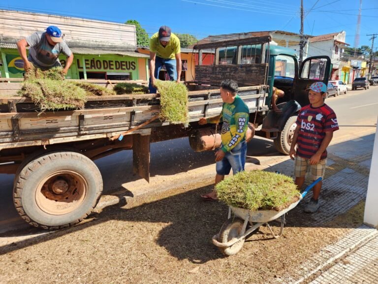 A secretaria de agricultura realizou a implantação de gramas na escola Joaquim Valente.